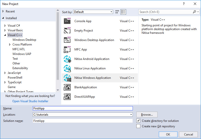 Create project in Visual Studio with installed Nitisa extension