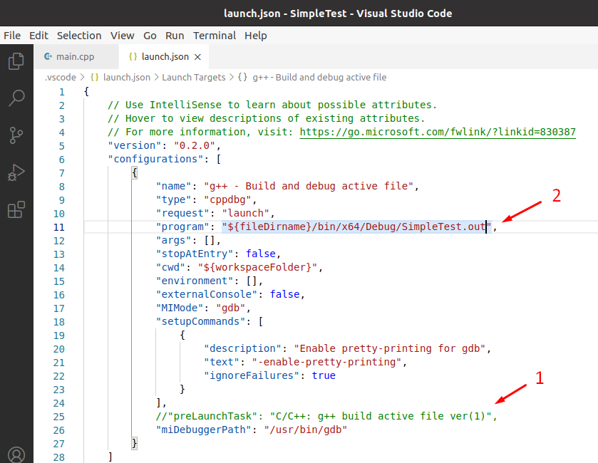 Launch.json to debug on Linux