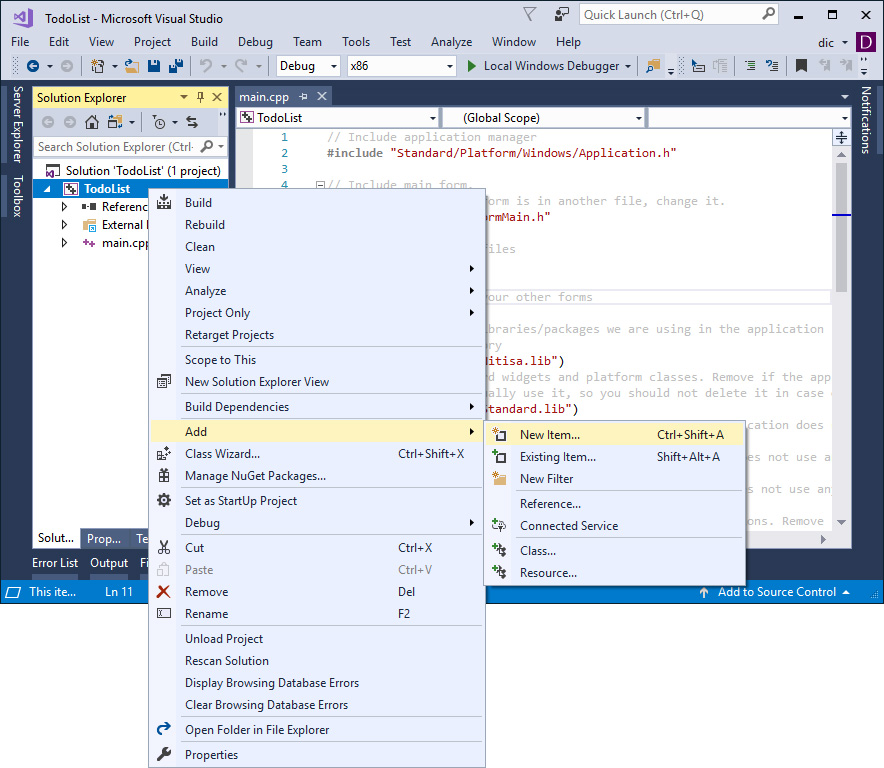 Add new item to Visual Studio project