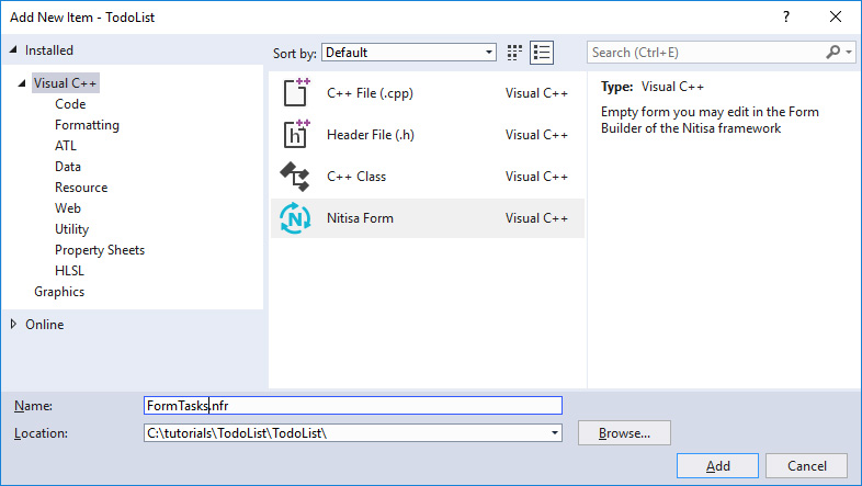 Add new Nitisa Form to Visual Studio project