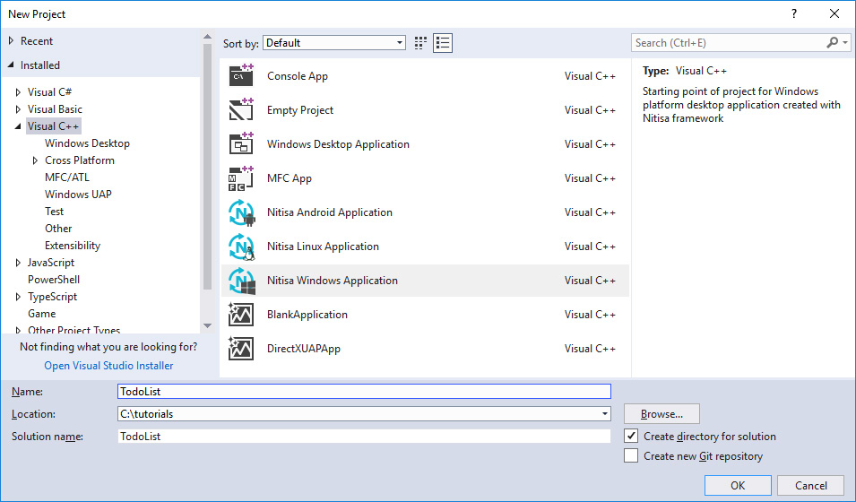 Creating a project in Visual Studio using Nitisa extension