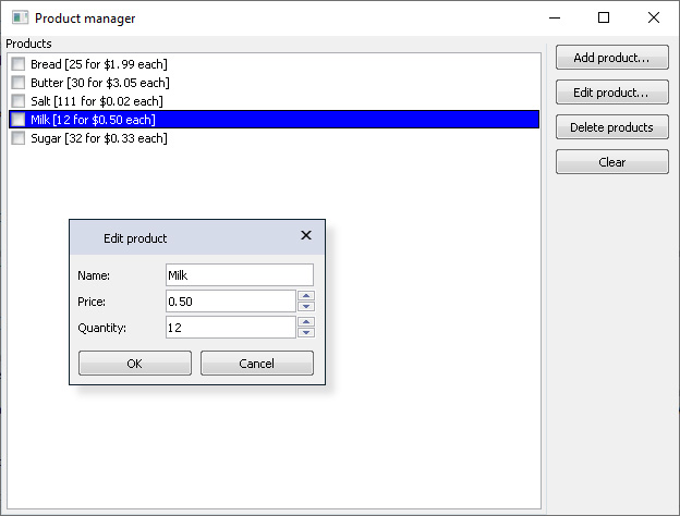 Working application showing product dialog box