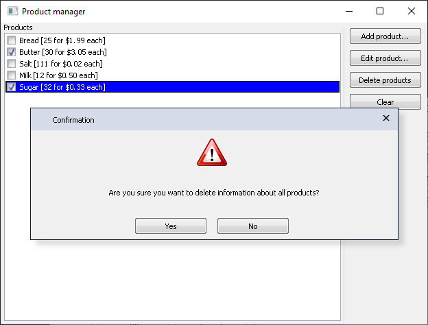 Working application showing confirmation dialog box